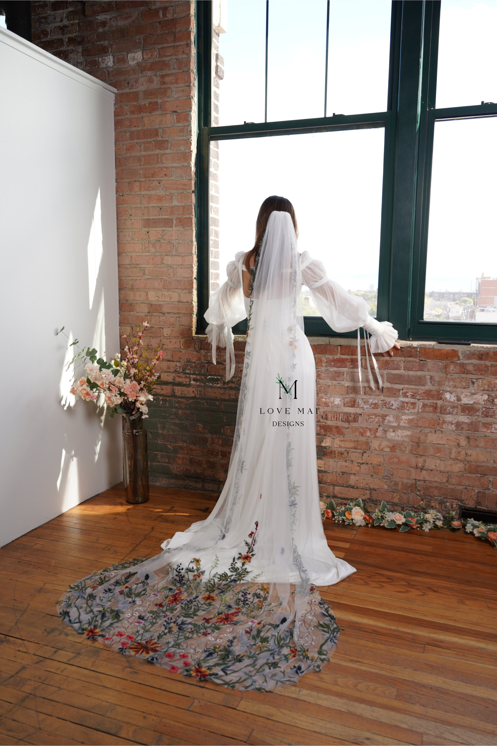 Nima White Mesh Embroidered Long Veil 101.01221.221.  main image 3