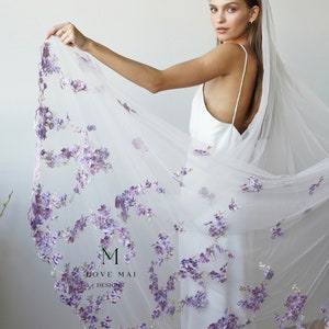 Lavender  - Floral embroidery bridal veil, lavender wedding, unique colorful veil, floral veil, Love Mai Designs