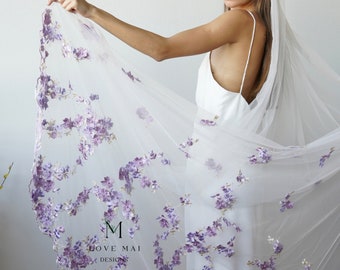 Lavender  - Floral embroidery bridal veil, lavender wedding, unique colorful veil, floral veil, Love Mai Designs