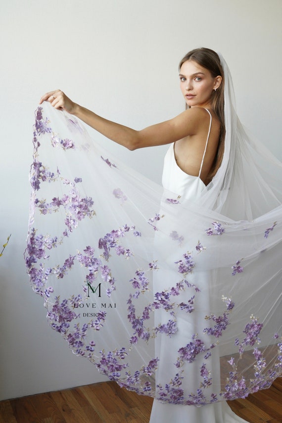 Lavender Floral Embroidery Bridal Veil - Unique Colorful  display picture 1