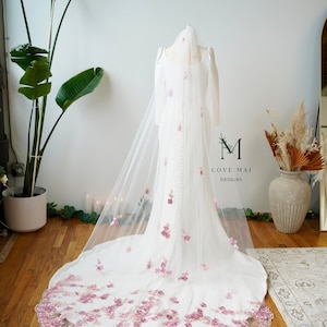 Camellia - Floral embroidery bridal veil, Pink wedding, unique colorful veil, floral veil, Love Mai Designs