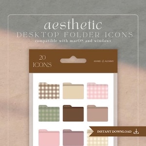 May include: Aesthetic desktop folder icons with various colours and patterns, compatible with macOS and Windows. The image includes the text "aesthetic DESKTOP FOLDER ICONS" and "20 ICONS". The product is an instant download.
