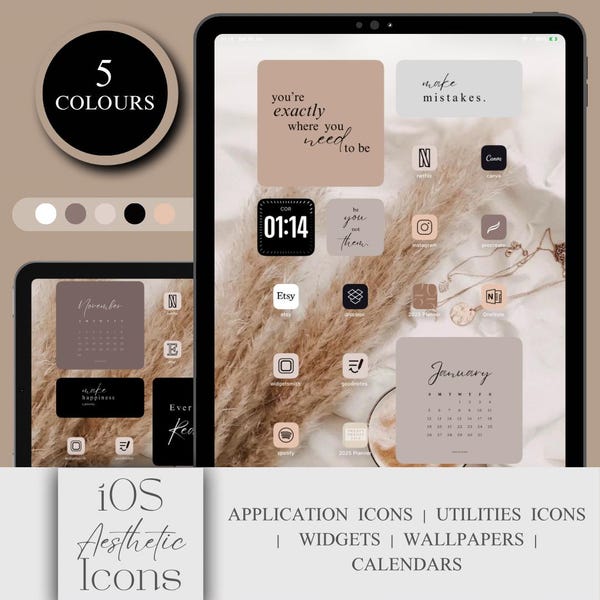 Beige und schwarze App-Icons für iOS, neutrales Startbildschirmpaket - ästhetisches Originalset für iPad - Widgets und Hintergrundbilder