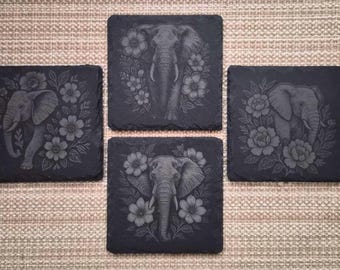 Set of 4 Elephant Floral Slate Coasters with Holder, Laser Engraved Drinkware