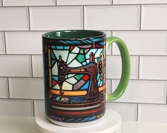 Vintage Sewing Machine Mug: Stained Glass Design, Quilter Gift