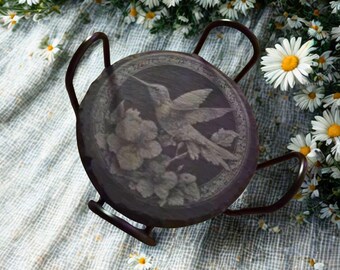 Hummingbird Slate Coasters Set of 4 with Holder, Matching Coasters Set, Laser Engraved Coasters, Floral Bird Coasters, Round Stone Coasters