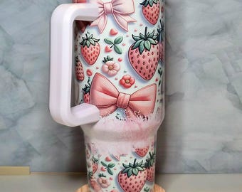 Strawberry Bow 40 oz Tumbler with Handle | Cute Pink Coquette Tumbler | Girly Summer Cup | Strawberries & Bows | Large Travel Mug Gift