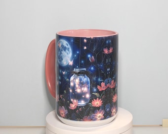 Fireflies & Moon Ceramic Coffee Mug - Pink Handle, Summer Night Design
