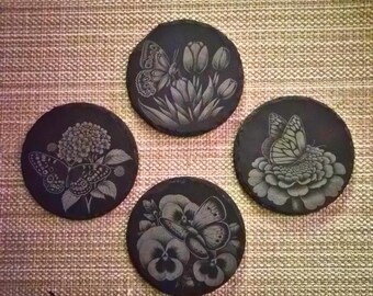 Butterfly Slate Coasters Set of 4 with Holder, Laser Engraved Coasters, Floral Butterfly Coasters, Round Stone Coasters, Nature Gift