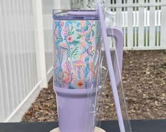 30 oz Pastel Tidepool Travel Mug | Purple Coastal Tumbler with Handle | Sea Turtle Ocean Cup | Beach Lover Gift | Insulated Mug