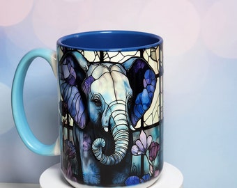 Elephant Mug: Stained Glass Design, Blue Coffee Cup (15 oz)