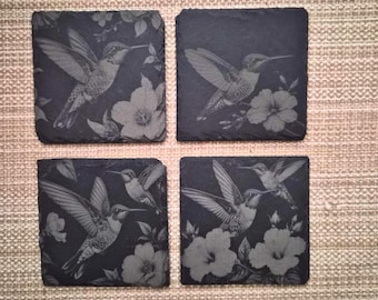 Laser Engraved Slate Coasters, Hummingbird Floral Drinkware Set, Nature Gift