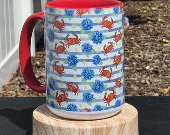 Hydrangea Harbor Coastal Mug | Nautical Crab Coffee Mug | Blue Hydrangea Beach Mug | Coastal Cottage Coffee Cup | Beach House Gift