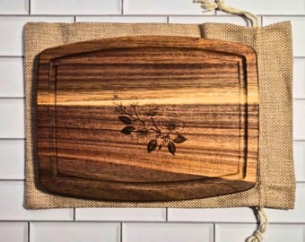 Acacia Wood Cutting Board | Engraved Cherry Blossom Butterfly Design, Serving Board