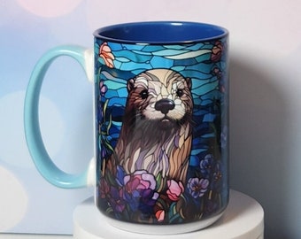 Sea Otter Ceramic Coffee Mug: Stained Glass Floral Design, 15 oz