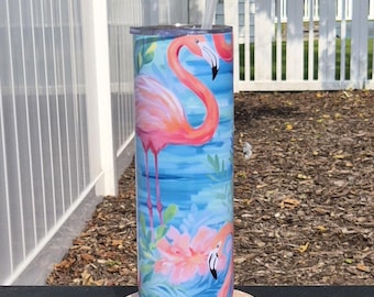 20 oz Flamingo Lagoon Tumbler | Tropical Flamingo Skinny Tumbler | Beach Vacation Cup | Pink Flamingo Drinkware | Summer Coastal Gift