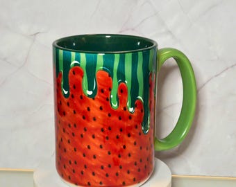 Watermelon Drip Ceramic Mug: 15 oz Summer Coffee Cup