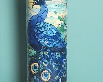 Peacock Tumbler: Stained Glass Design, 20 oz Insulated Stainless Steel