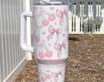 Pink Cherry Bow Tumbler: 40 oz Insulated Travel Mug