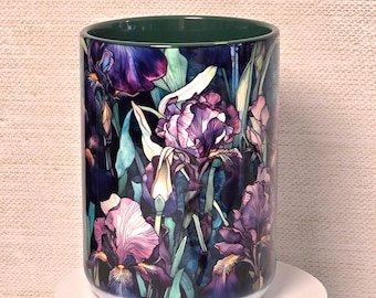 Purple Iris Coffee Mug: Floral Ceramic Cup with Green Handle