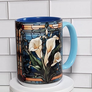 Calla Lily Coffee Mug: Stained Glass Floral Design, 15 oz Ceramic