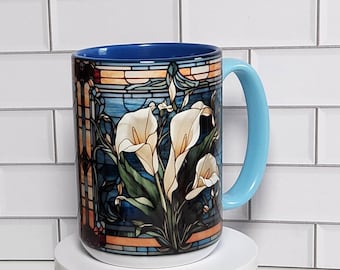 Calla Lily Coffee Mug: Stained Glass Floral Design, 15 oz Ceramic