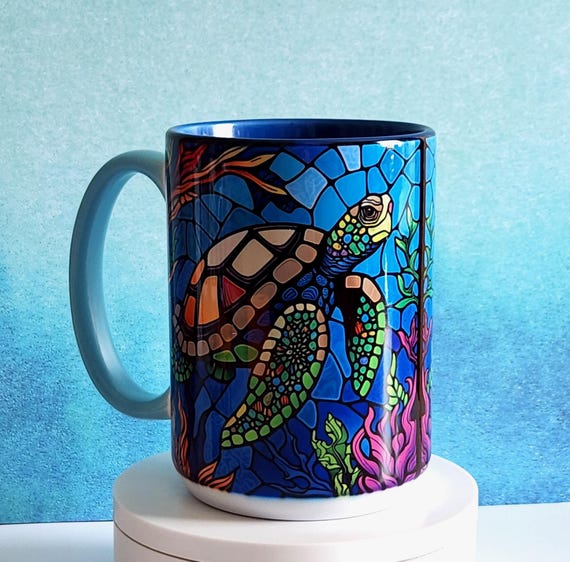 Stained Glass Sea Turtle Mug: 15 oz Ceramic Coffee Cup