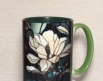 Stained Glass Magnolia Mug: Green Ceramic Coffee Cup (15oz)