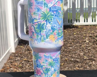40 oz Coastal Postcards Travel Mug with Handle Tropical Beach Tumbler Palm Tree Summer cup Insulated Vacation Style Mug