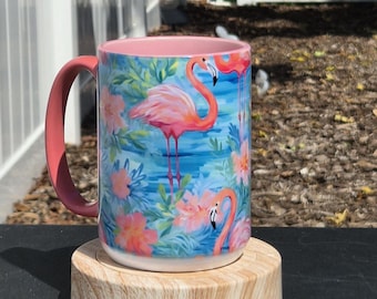 Flamingo Lagoon Coffee Mug | Pink Flamingo Coastal Mug | Tropical Beach Coffee Cup | Pink Handle Mug | Summer Gift for Flamingo Lovers