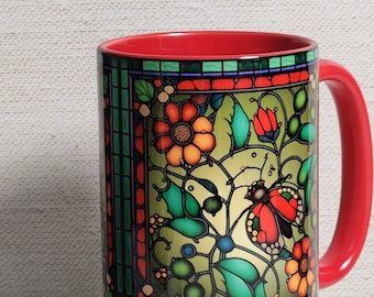 Ladybug and Flowers - Stained Glass Mug