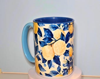 Lemon Mug 15 oz – Large Ceramic Coffee Cup with Blue Leaves – Bright Summer Citrus Mug – Lemon Lover Gift – Watercolor Fruit Tea Mug