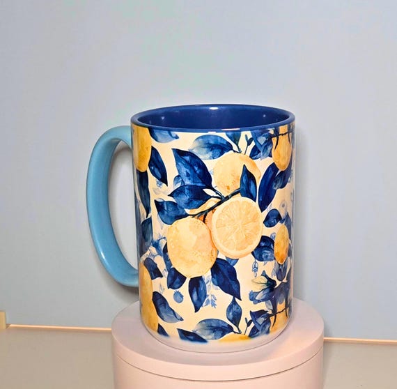 Lemon Mug 15 oz – Large Ceramic Coffee Cup with Blue Leaves – Bright Summer Citrus Mug – Lemon Lover Gift – Watercolor Fruit Tea Mug