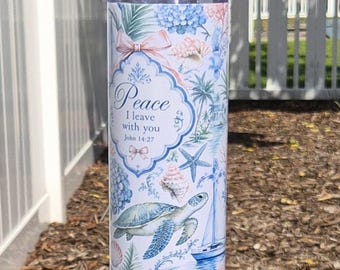 20 oz Coastal Peace Tumbler | Christian Beach Skinny Tumbler | John 14:27 Faith Cup | Sea Turtle Coastal Drinkware | Inspirational Gift