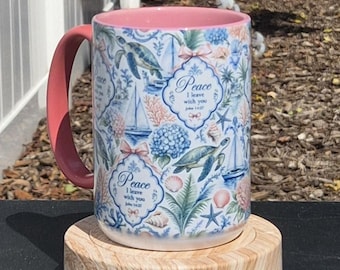 Coastal Peace Christian Mug | John 14:27 Coffee Mug | Beach Faith Mug | Sea Turtle Coastal Coffee Cup | Inspirational Christian Gift