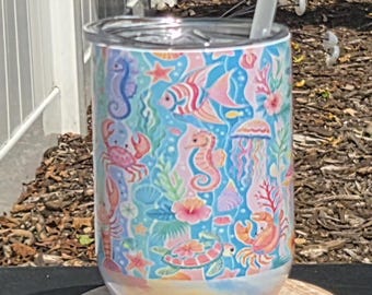 Pastel Tidepool Wine Tumbler | Coastal Ocean Wine Cup | Sea Turtle Beach Tumbler | Tropical Drinkware | Ocean Lover Gift