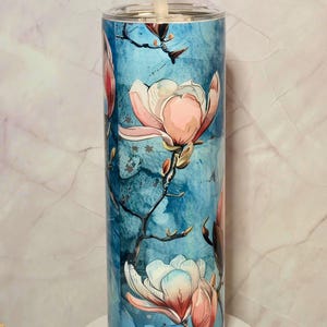 Magnolia Blossom Tumbler 20 oz – Stainless Steel Insulated Cup with Straw Blue Watercolor Floral Travel Mug | Matching Ceramic Mug Available
