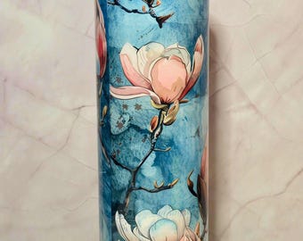 Magnolia Blossom Tumbler – Blue Watercolor Floral Stainless Steel Cup