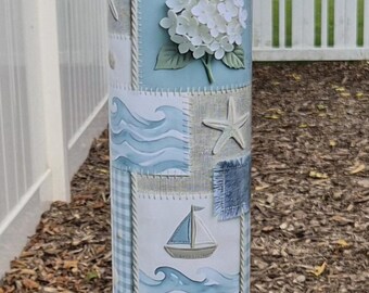 20 oz Coastal Cottage Tumbler | Hydrangea Beach Skinny Tumbler Nautical Coastal Cup Blue Gingham Beach Drinkware | Cottagecore Coastal Gift