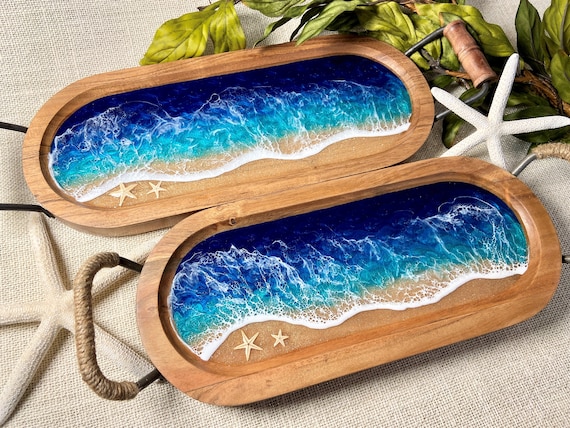 Coastal Catch All Tray | Ocean Tray with Handles | Resin Trinket Tray | Beach Vanity Tray | Ocean Candle Tray