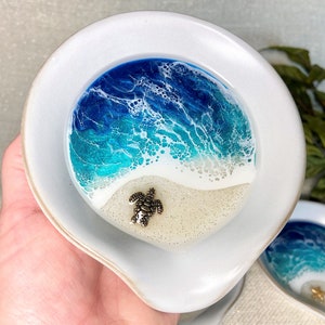 Coastal Ceramic Spoon Rest, Beach Inspired Utensil Rest, Ocean Ladle Holder, Sunset Tropical Island Hawaii Epoxy Resin Wave, Starfish Turtle Gold toned turtle