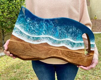 Live Edge Ocean Serving Board, Large Epoxy Resin Wave Cheese Tray, Coastal Cutting, Tropical Island Charcuterie, Beach Platter Cutout Handle