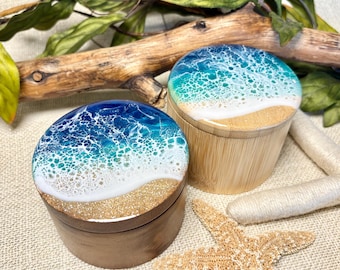 Ocean Resin Salt Box: Bamboo Spice Cellar with Magnetic Swivel Lid