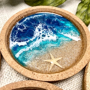Cork Coaster Set, Ocean Beach Coastal Tropical Themed, Epoxy Resin Waves, Two Tone Cork, Stackable Nesting, Beachhouse Lakehouse Decor