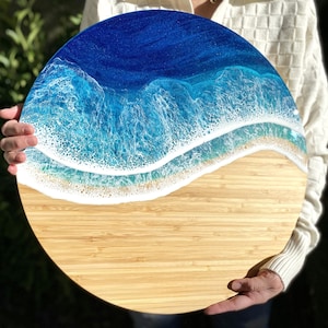 XL Ocean Serving Board, Extra Large Epoxy Resin Wave Cheese Tray, Coastal Cutting, Tropical Island Charcuterie, Round Bamboo Beach Platter