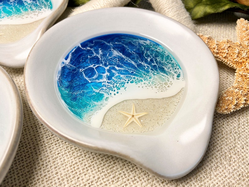 Coastal Ceramic Spoon Rest, Beach Inspired Utensil Rest, Ocean Ladle Holder, Sunset Tropical Island Hawaii Epoxy Resin Wave, Starfish Turtle Real starfish