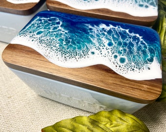 Ocean Butter Dish with Lid, Beach Epoxy Resin Wave Butter Crock, Coastal Tropical Island East Coast West Coast, Acacia Wood Top Ceramic