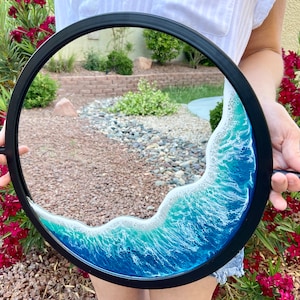 16 Inch Round Black Metal Framed Swivel Mirror, Ocean Beach Coastal Tropical Themed, Beachhouse Decor, Wall Mount, Epoxy Resin Wave Art