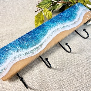 Coastal Wooden Wall Hooks: Epoxy Resin Wave Coat Rack