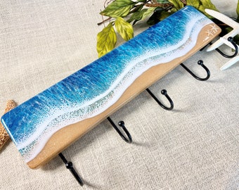 Unique Ocean Mudroom Hooks, Decorative Entryway Key/Hat Rack, Coastal Beach Wall Mounted Leash/Coat/Towel/Robe Hanger, Epoxy Resin Wave Art